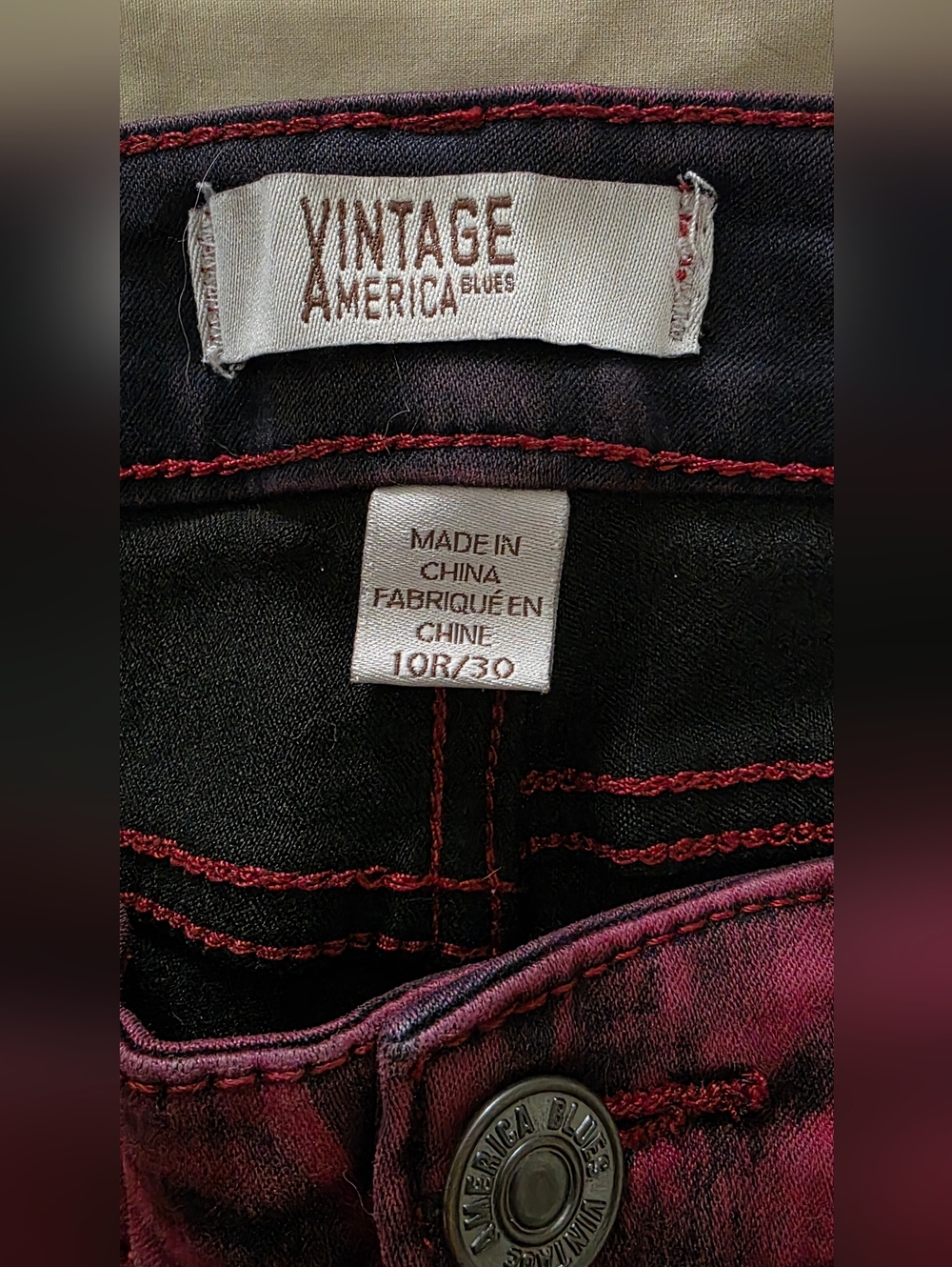 Vintage America Boho Skinny Jeans Wine Red Black Wash Tie-dye Finish Size 10R - Picture 5 of 12